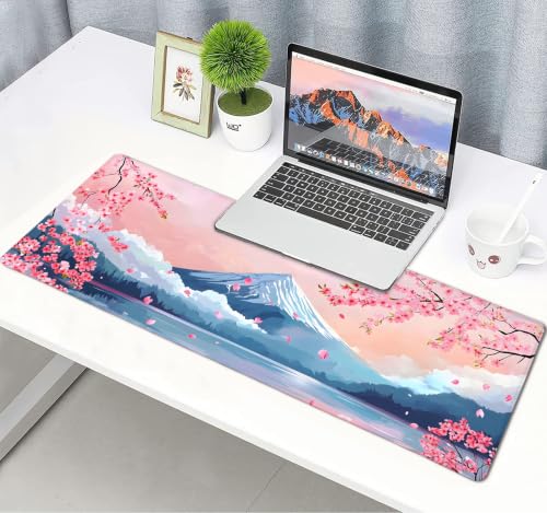 Large Mouse Pad, Desk Mat Computer Keyboard Pad Non-Slip Rubber Base Waterproof with Stitched Edges for Laptop Gaming, Office & Home 31.5 x 11.8 Inch (Cherry Blossom Mountains) - color: Cherry Blossom Mountains