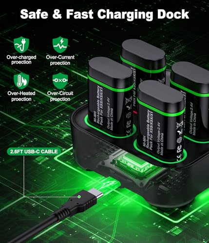 Upgraded Fast Charging Rechargeable Battery Packs with Light Control, 4 x 4800mWh Xbox Controller Batteries with Charger Dock for Xbox Series X|S, One S/X/Elite Controllers,Cases and Storage Sets - size: L-Max