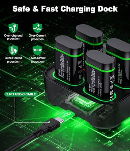 Upgraded Fast Charging Rechargeable Battery Packs with Light Control, 4 x 4800mWh Xbox Controller Batteries with Charger Dock for Xbox Series X|S, One S/X/Elite Controllers,Cases and Storage Sets - size: L-Max