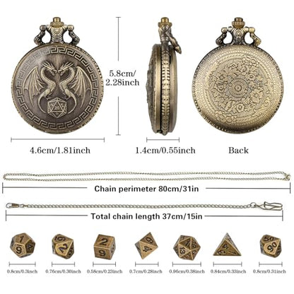 Mini DND Dice Set with Steampunk Double Dragon Pocket Watch Case, Tiny 7-Piece Polyhedral Metal D&D Dice, DND Gifts with Gift Box, Role Playing Game Board Game Accessories Dice, Bronze - color: Bronze