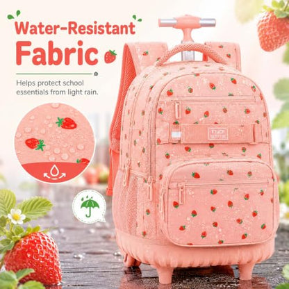 3Pcs Rolling Backpack for Girls Women, Travel Roller Backpacks with Wheels for Adults, Teens College Strawberry Wheeled Bookbag with Lunch Box (Pink) - color: Strawberry Pink