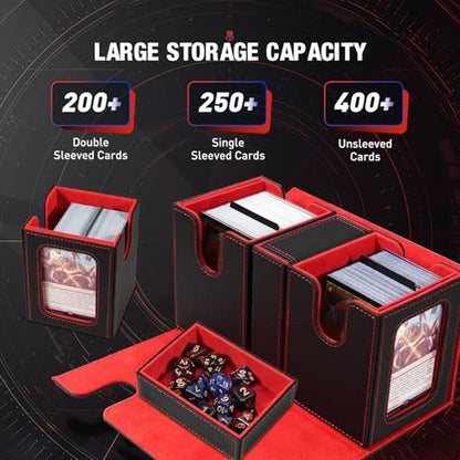 TiMOVO MTG Deck Box, Magnetic Trading Card Storage Case, Black+Red | Holds 400+ Sleeveless Cards, 4 Dividers & Dice Tray, 2 Detachable Commander Card Deck Boxes, For Magic Game Cards - color: Black & Red