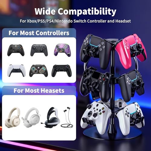 Controller Holder Stand 3 Tiers for Desk, Aluminum Alloy Rotatable Gaming Headset Stand for PS5/PS4/Xbox/Switch2/PS Controller/Headphone Holder for 9 Packs Controller - size: 3 Tiers