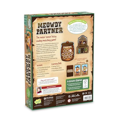 Peaceable Kingdom Meowdy Partner Cooperative Matching Game | A cooperative game where players team up to win together. Includes 27 cowboy cat cards and 1 scratching post. Ages 3+.