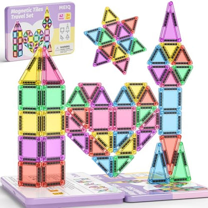 42PCS Magnetic Tiles Travel Storage Mini STEM Blocks Iron Box 3-8 | Portable Montessori educational magnetic building tiles for airplane, car rides & on-the-go creative play, durable and fun - size: 42 Pieces