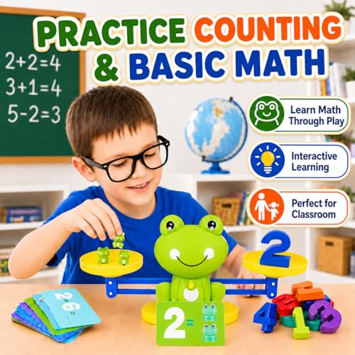CozyBomB Frog Scale Balance Counting Toy - Preschool Math Learning Games | Frogs & Number Blocks & Math Learning Cards, STEM Montessori Toys Educational Gifts for Kids Ages 3 4 5 6 Year Old Birthday - color: Green