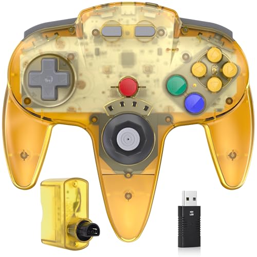 2 Pack Wireless N64 Controller for Switch 1 & 2, N64 Console, Cyan/Yellow | (Built-in Vibration) (Rechargeable) (3D Analog Stick), 2.4 GHz USB & N64 Receiver Made for Switch Online, Windows PC, macOS - color: Two Pack Cyan/Clear Yellow