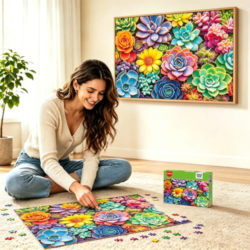 1000 Piece Puzzle for Adults, 20 x 27 inches Jigsaw Puzzles - Succulents | Tight Piece Fit, 1:1 Reference Poster, Lettered Back, Minimal Puzzle Dust, Vibrant Colors, 2mm Extra-Thick Pieces - color: 1000 Pieces-colorful Succulents
