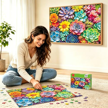 1000 Piece Puzzle for Adults, 20 x 27 inches Jigsaw Puzzles - Succulents | Tight Piece Fit, 1:1 Reference Poster, Lettered Back, Minimal Puzzle Dust, Vibrant Colors, 2mm Extra-Thick Pieces - color: 1000 Pieces-colorful Succulents