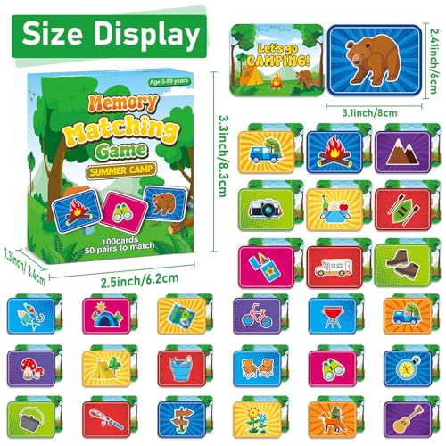 gisgfim 100 PCS Memory Matching Game for Kids Summer Camp Concentration Memory Card for Preschool Educational Ages 3-8 A Fun & Fast Camp Theme Matching Games - style: Summer Camp