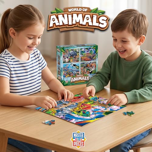 MasterPieces Jigsaw Puzzle Set for Kids, 4-Pack of 100 Piece Puzzles, Educational Animal Theme, Fun Game, Gift Idea, 8" x 10" - style: World of Animals V1