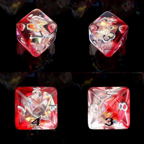 Haxtec Red Clear DND Dice Set, 7 Pcs Iridescent Resin Polyhedral RPG Dice | Role Playing Games Dice with Velvet Bag, Rounded Edge, Compatible with Dungeons and Dragons, Gifts for D&D Lovers - color: Red White
