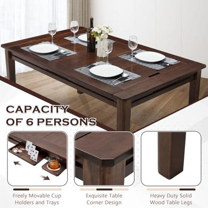 63"x39" Board Game Table with Removable Top Solid Wood Dining/Gaming Table | Gaming Table for 4-6 Players with Play Mat, 6 Detachable Cup Holders & 6 Hobby Trays (Black Walnut) - color: Black Walnut