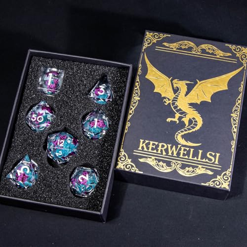 KERWELLSI Cat Liquid Core DND Dice Set with Gift Box, 7Pcs Resin Dungeons Sharp Edge D&D Dice, Dragons D and D Role Playing Dice D20 D12 D10 D8 D6 D4, Blue and Purple Cat - color: Blue Purple Cat