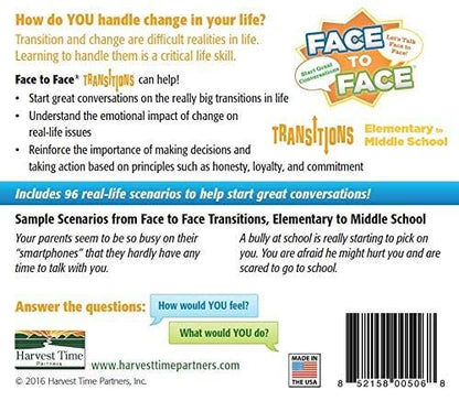 Face to Face Transitions - Elementary to Middle School Conversation Game, Conversation Starters for Students, Parents, and Teachers, 96 Scenario Cards, Ages 10+