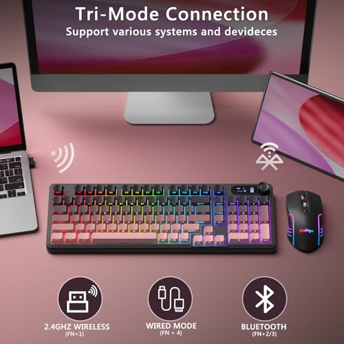 BlueFinger Wireless Gaming Keyboard and Mouse Combo, RGB Backlit, Tri-Mode Bluetooth/2.4G/USB-C Wired, 98 Keys Quiet Keyboard with Number Pad, Volume Knob & Screen, 4800 DPI Mouse for PC/Mac/Laptop - style: Wireless Keyboard & Mouse