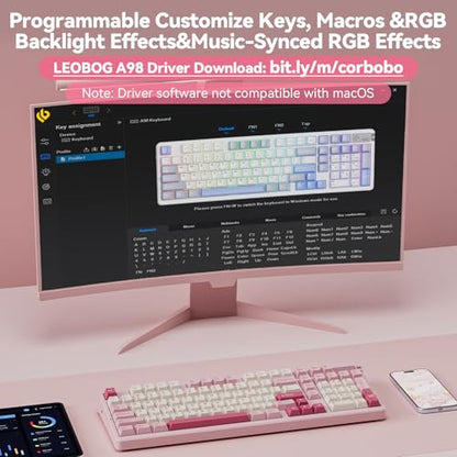 LEOBOG A98 Wireless Mechanical Keyboard, Tri-Mode BT5.0/2.4GHz/USB-C, Creamy Keyboard with Number Pad, Gasket Structure Hot Swappable, PBT Keycaps, RGB Backlit Pink Gaming Keyboard with Knob for PC - color: Creamy&Pink