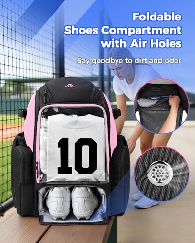 MATEIN PRO Youth Baseball Backpack for 4 Bats, Collapsible Shoe Compartment | Water Resistant, Large, Boys Baseball Bat Bag, Insulated Beverage Pocket, Clear Display Window, Storage Holds Glove, Helmet - color: Light Pink