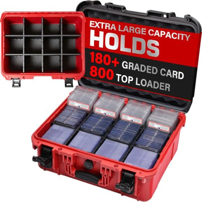 Baseball Card Storage Box, Extra Large Graded Card Case, Hard Carrying Case | Waterproof Slab Case for Graded Cards with 8 Dividers; Holds PSA, BGS, SGC, CGC, CSG Slabs, Top Loaders and Magnetic Holders. - color: Extra-Large Capacity / Black＆Red