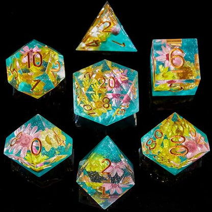 FugaCity Dice Set,Handmade Sharp Edge 7 Piece Resin Dice-Dungeon&Dragons Polyhedral Dice Set, D&D Dice Set with Gift Dice Case for RPG MTG Table Games - color: B-yellow Flower