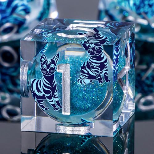 KERWELLSI Cat Liquid Core DND Dice Set with Gift Box, 7Pcs Resin Dungeons Sharp Edge D&D Dice, Dragons D and D Role Playing Dice D20 D12 D10 D8 D6 D4, Blue - color: Blue and Blue Cat