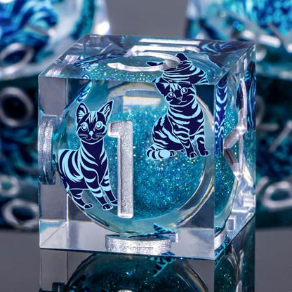 KERWELLSI Cat Liquid Core DND Dice Set with Gift Box, 7Pcs Resin Dungeons Sharp Edge D&D Dice, Dragons D and D Role Playing Dice D20 D12 D10 D8 D6 D4, Blue - color: Blue and Blue Cat