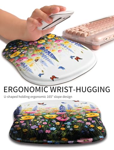 Hokafenle Ergonomic Wrist-Hugging Mouse Pad Wrist Support, U-Shaped Holding Wrist Rest Mousepad for Carpal Tunnel Pain Relief with Cushioned Memory Foam Slope Massage Bulge (10.2x8.3 in,Flowers) - color: Flowers and Butterflies