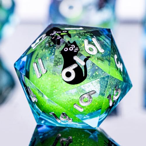 DND Cat Dice Set Green Sharp Edge Dice with Box, RPG D and D Dice Dungeons Dragons Role Playing Game Polyhedral Resin Dice Set D20 D12 D10 D8 D6 D4 - color: Green Purple