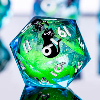 DND Cat Dice Set Green Sharp Edge Dice with Box, RPG D and D Dice Dungeons Dragons Role Playing Game Polyhedral Resin Dice Set D20 D12 D10 D8 D6 D4 - color: Green Purple