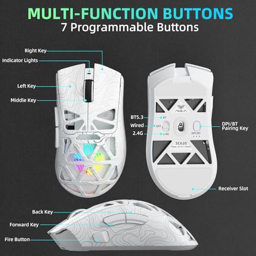 Aula SC620 Wireless Gaming Mouse, Tri-Mode 2.4GHz/USB-C/BT5.3 Computer Mouse with 12000 DPI, Programmable Macro Gamer Mouse with Rapid Fire Key, RGB Light Gaming Mice for PC/Laptop/Mac (Line White) - color: Line white