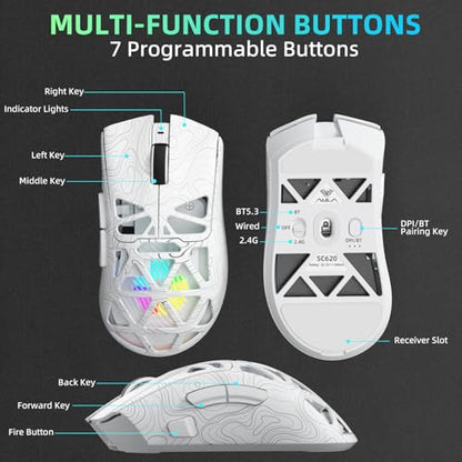 Aula SC620 Wireless Gaming Mouse, Tri-Mode 2.4GHz/USB-C/BT5.3 Computer Mouse with 12000 DPI, Programmable Macro Gamer Mouse with Rapid Fire Key, RGB Light Gaming Mice for PC/Laptop/Mac (Line White) - color: Line white