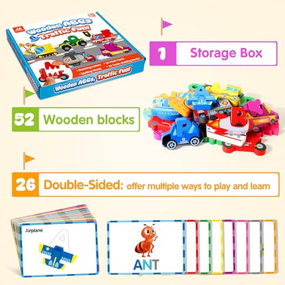 Wooden Vehicle Alphabet Puzzle for Toddlers, Traffic ABC Letter Sight Words Matching Game with 52 Blocks and Flash Cards, Spelling Game Toys, Kindergarten Preschool Learning Activities