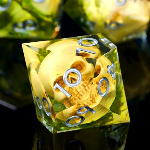 Froggod Transparent Moss & Skull Dice Set with Gift Box for DND RPG, 7Pcs | Transparent resin DND role playing dice with moss skull design and sharp edges for MTG, tabletop games and collectors - color: Transparent