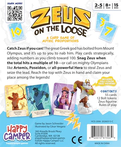 Zeus on the Loose - A Card Game of Mythic Proportions - New & Improved Happy Camper Edition | Perfect Math Game for Fans of Greek Mythology and Family Game Night | 2-5 players | Ages 8+