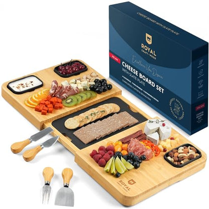 ROYAL CRAFT WOOD Extra Large Bamboo Charcuterie Boards - Large Charcuterie Board Set w/ 3 Sauce Bowls, 4 Knives & Slate Plate - Unique Cheese Board & Serving Tray - Ideal Housewarming Gift - style: 5-8 Guests
