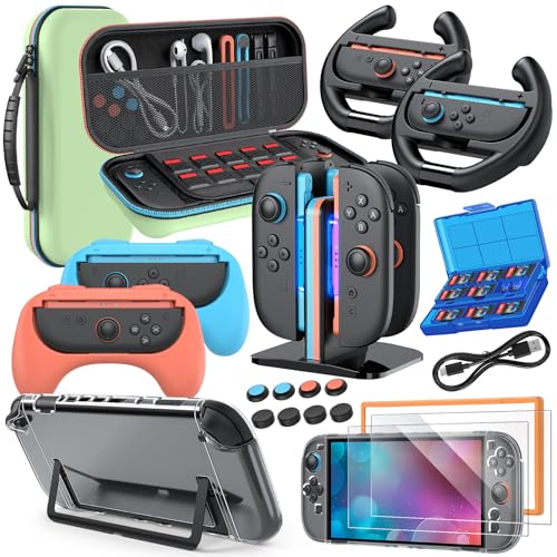 Switch 2 Accessories, Bundle Case for Nintendo Switch 2 (2025), MENEEA 20-IN-1 Kits: Carrying Case, Controller Charger Dock, Grips for Joy Con,Steering Wheels for Mario Kart,Protective Cover for Controller Console for Switch 2 (Green) - color: Green
