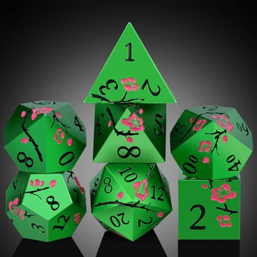 Matt Green Metal Dice Set, DNDND 7 PCS Heavy Metallic D&D Dice Set with Gorgeous Gift Case for Dungeons and Dragon Tabletop Game (Matte Green with Pink Flower) - color: Flower Green