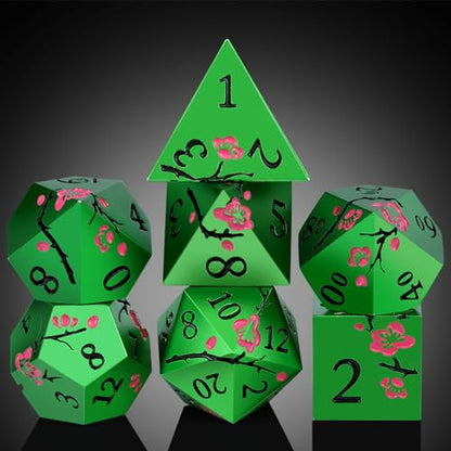 Matt Green Metal Dice Set, DNDND 7 PCS Heavy Metallic D&D Dice Set with Gorgeous Gift Case for Dungeons and Dragon Tabletop Game (Matte Green with Pink Flower) - color: Flower Green