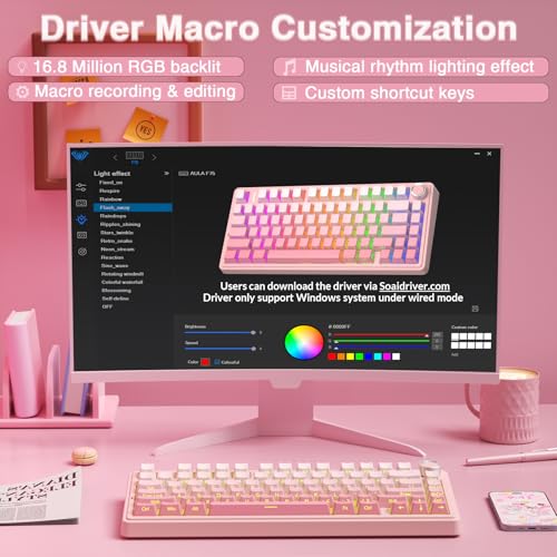 AULA F75 Pro Wireless Mechanical Keyboard Silent Version,75% Hot Swappable Custom Keyboard with Knob,RGB Backlit,Pre-lubed Switches,Side Printed PBT Keycaps,2.4GHz/USB-C/BT5.0 PC Gaming Keyboards,Pink - color: F75Pro Pink-Silent Version