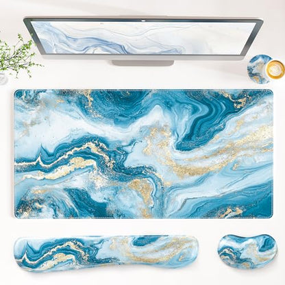 QIYI PU Leather Desk Mat Set, 4-in-1 Ergonomic Wrist Rest, Blue Fluid Art | Waterproof Large Mouse Pad 31.5×15.7 + Keyboard Wrist Rest + Mouse Wrist Support+Coaster, Non-Slip Office Gaming Accessories - color: Blue Fluid Art