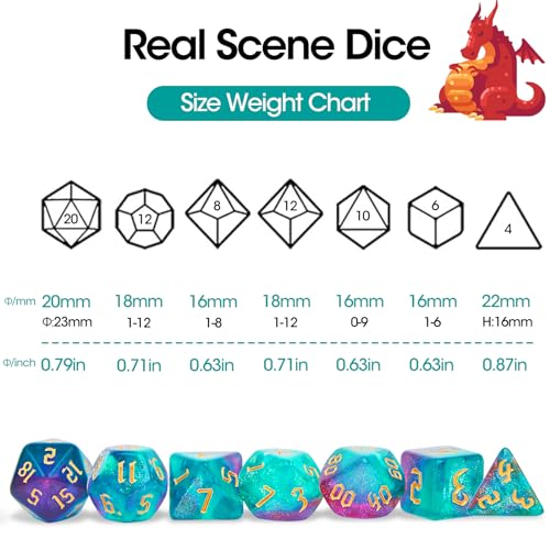 7Pcs Polyhedral Dice Set with Black Storage Bag(Green&Purple+Nebula) | Classic dice set for RPG Polyhedral Dice for Dungeon and Dragons Playing Games 7-Die Set - color: Green&purple+nebula Dice