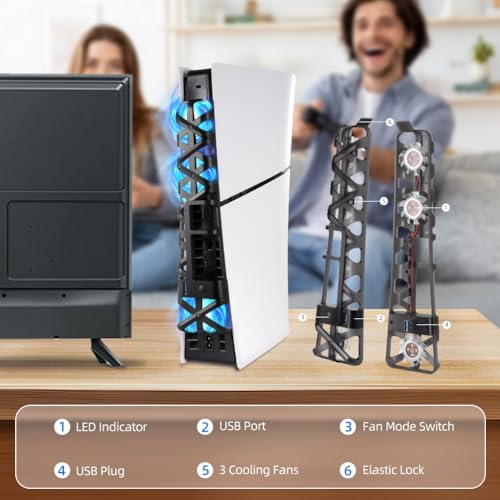 Cooling Fan with LED Light for PS5 Slim, Quiet Cooling System Accessories for Playstation 5 Slim Disc and Digital Editions, Compatible with Horizontal Stand For Gaming Console