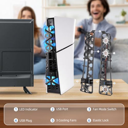 Cooling Fan with LED Light for PS5 Slim, Quiet Cooling System Accessories for Playstation 5 Slim Disc and Digital Editions, Compatible with Horizontal Stand For Gaming Console