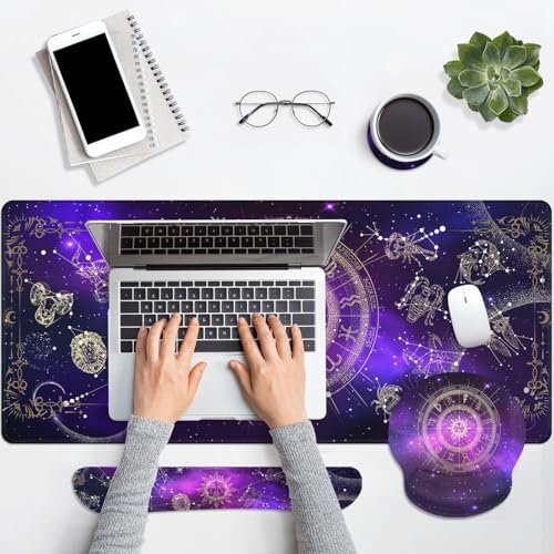 Arttown Sun Space Galaxy Desk Mat Constellation Astrology Mouse Pad Set 4 in 1 Ergonomic Design Large Mousepad + Keyboard Wrist Rest + Mouse Wrist Rest + Coaster Suitable for Home Office Study Game - color: Galaxy Constellation