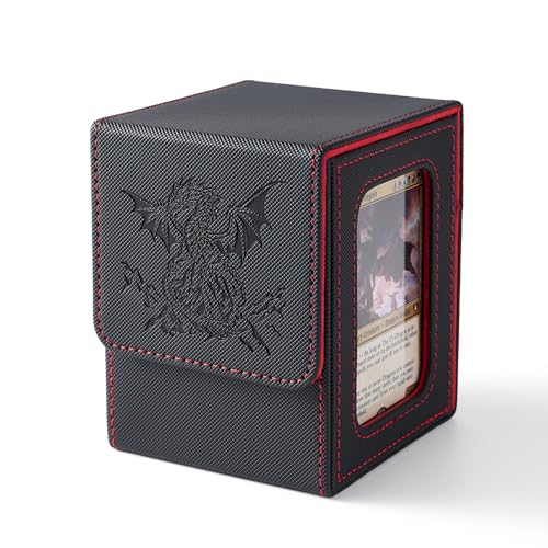 Dragon Themed MTG Deck Box with Commander Display (Black and Red) | Holds 120 Single/100 Double-Sleeved Cards, Fit MTG/PTCG/OPTCG Cards, Strong Magnet, PU Leather, With 2 Dividers & 1 Toploader - color: Dragon