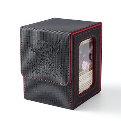 Dragon Themed MTG Deck Box with Commander Display (Black and Red) | Holds 120 Single/100 Double-Sleeved Cards, Fit MTG/PTCG/OPTCG Cards, Strong Magnet, PU Leather, With 2 Dividers & 1 Toploader - color: Dragon