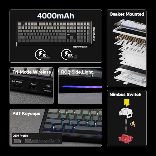 EPOMAKER Aula F108 Wireless Gaming Keyboard, Full Size Mechanical Keyboard with 4000mAh Battery, 108 Hot-Swappable and Programmable Keys, RGB Backlight, for Mac/PC/Android (Shadow Black) - color: Shadow Black