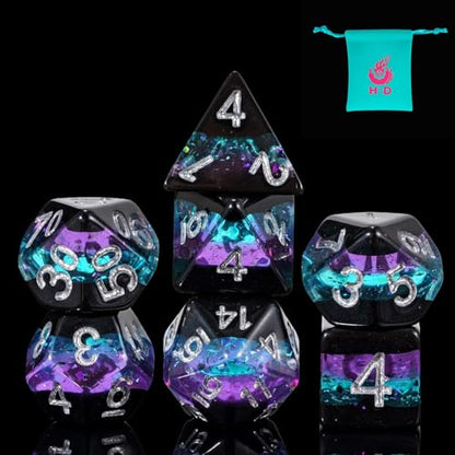 Foil DND Dice Set Black Polyhedral Dice Set D&D for Tabletop Games | Leather Storage Bag, DM Gift, for Dungeons and Dragons Role Playing Games - color: Black/Blue/Purple