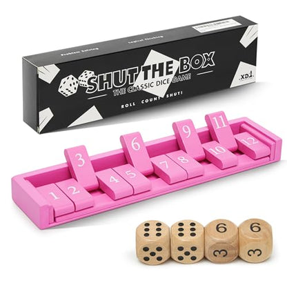 11'' Wooden Shut The Box Dice Game Travel Size Board Game 12 Numbers 2 Classic Dice & 2 Number Dice Storage Bag Instructions Math Learning Classroom Kids, Adults