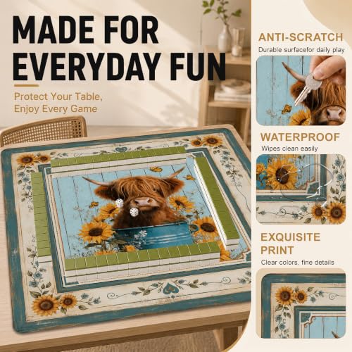 Mahjong Mat–31.5 x 31.5 Highland Cow Sunflower American Mahjong Table Mat, Non Slip Noise Mahjong Gaming Table Cover for Mahjong, Poker, Card, Board Tile Games - color: Highland Cow Sunflower